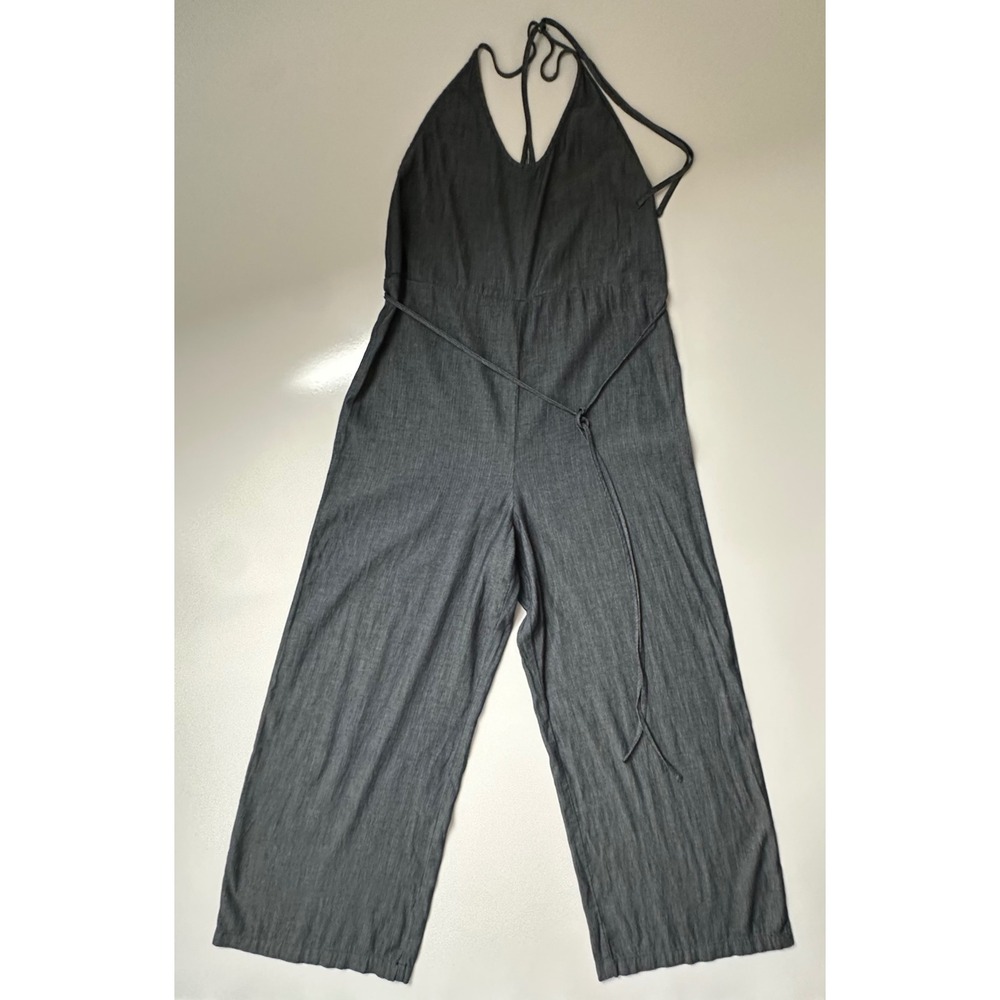 Free People Denim Chambray Wide Leg Overall Halter Jumpsuit One-Piece Sz M